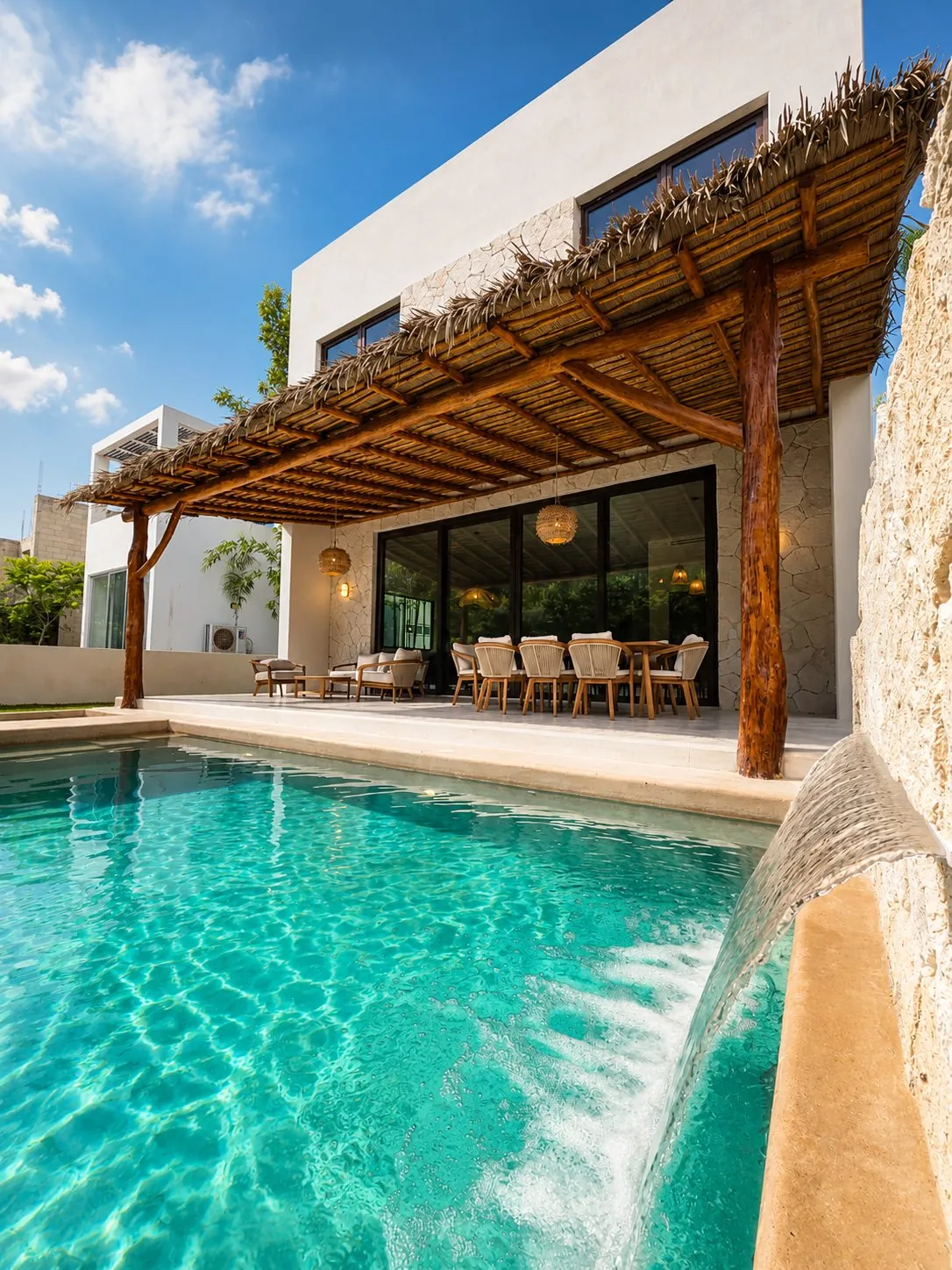 Alberca con cascada y palapa en Casa Aria, Tulum Country Club