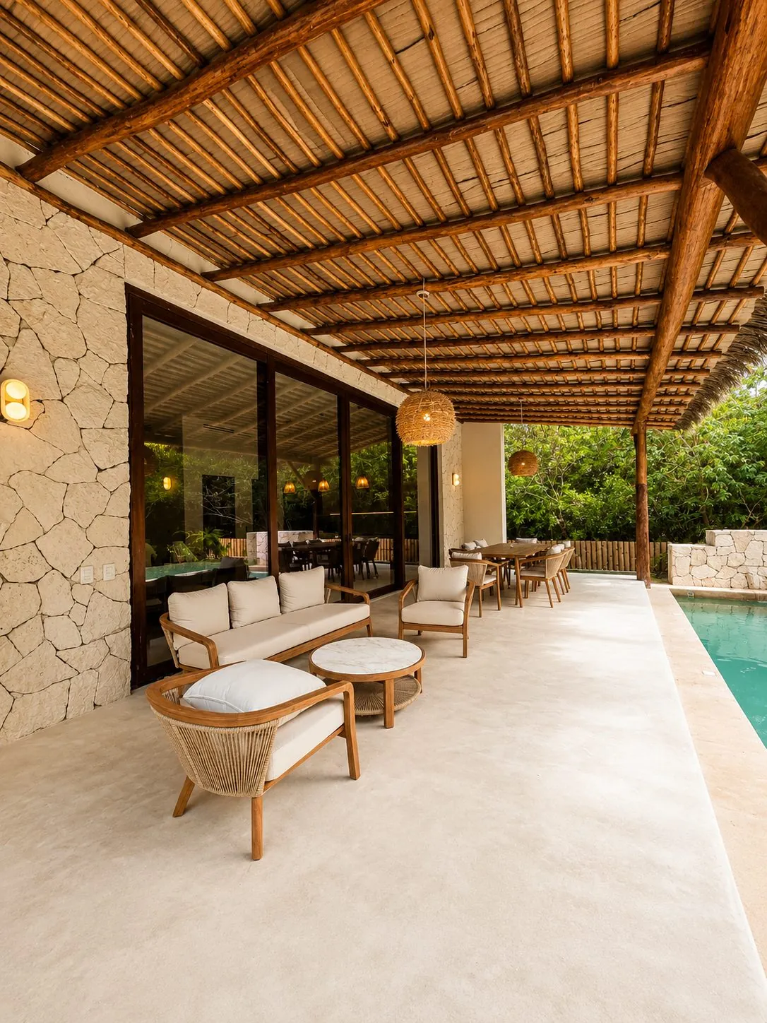 Terraza cubierta con palapa junto a la alberca en Casa Aria
